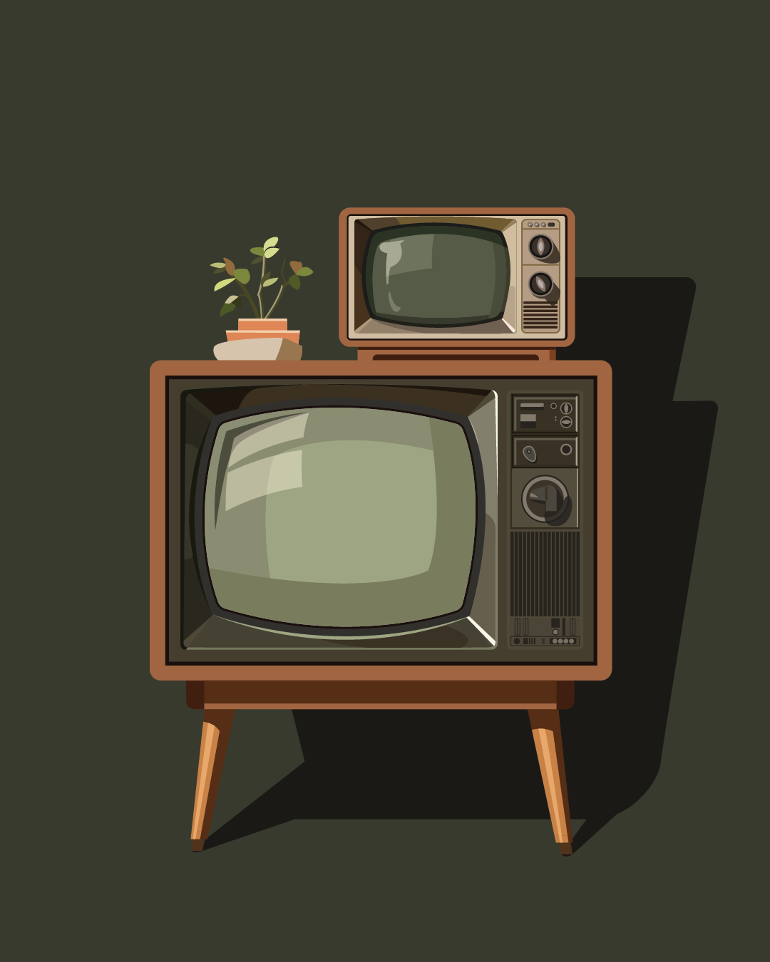 짙은 녹색 배경에 오래된 브라운 TV 두 대가 있는 일러스트